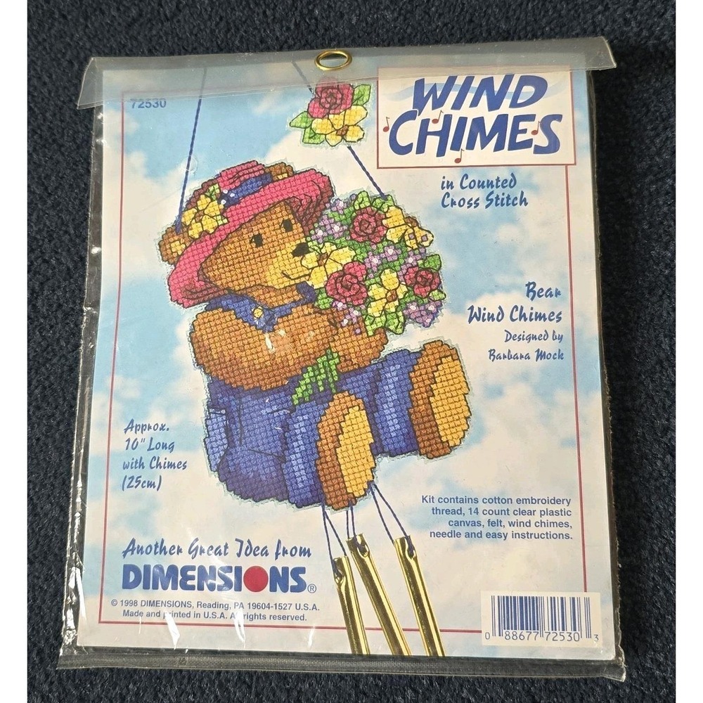 Vintage 1998 Dimensions Wind Chimes In Counted Cross Stitch Teddy Bear